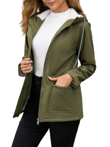 Women's hooded army green windbreaker with warm fleece lining and zipper closure