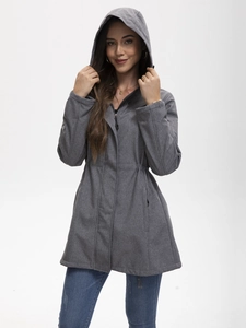 Women's dark gray hooded windbreaker jacket with drawstring waist and functional pockets
