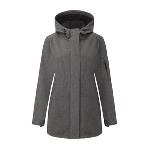 Detail of dark grey hooded outdoor jacket with adjustable velcro cuffs and arm pocket