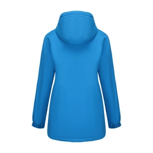 Detail view of water-resistant light blue parka with detachable hood and elastic cuffs
