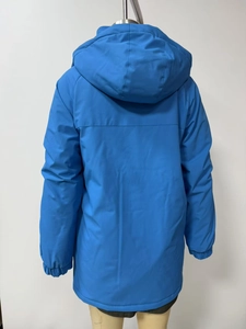 Back view of a bright blue hooded parka featuring waterproof fabric and elastic cuffs