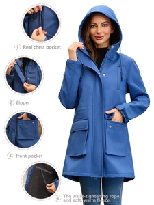 Women's dark blue waterproof hooded rain jacket with warm fleece lining and pockets