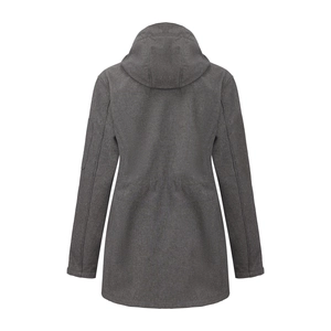 Rear view of dark grey hooded jacket with waist adjustment and sleeve pocket detail