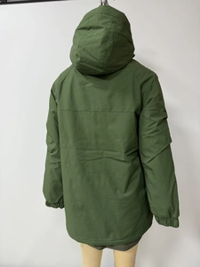 Back view of army green waterproof parka with detachable hood and elasticated cuffs