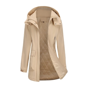 Detail of windproof hooded parka featuring quilted lining and adjustable cuffs in beige