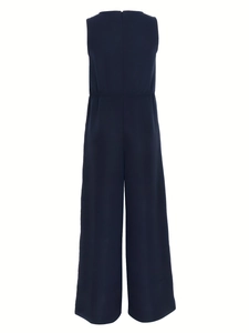 Navy blue sleeveless jumpsuit for women with back zipper and wide-leg trousers