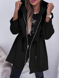 Women Fashion Casual Hooded Windbreaker Jacket Mid-Length Polyester Outerwear With Adjustable Drawstring Waist Solid Color Top