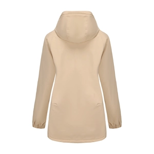 Back view of beige hooded waterproof parka featuring raglan sleeves and elastic cuffs