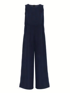 Elegant sleeveless navy blue wide leg jumpsuit with round neck and back zipper detail