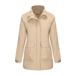 Detail of beige hooded parka showing front zipper closure, pockets, and windproof fabric