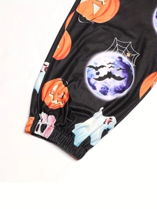 Women's Halloween pants with festive pumpkin and ghost prints and elastic cuffs