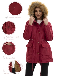 Parka rouge pour femme avec capuche en fourrure, tissu imperméable et taille ajustable