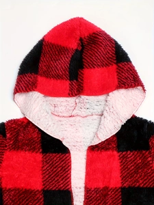 Women's red and black buffalo plaid hooded jacket with warm white sherpa fleece lining