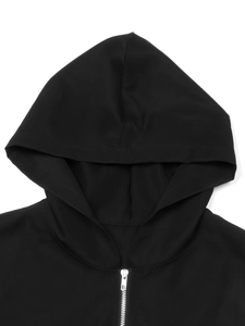 Women's stylish black hooded windbreaker with silver metal zipper and drawstring detail