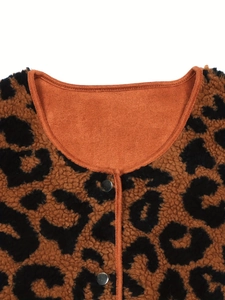 Women's leopard print plush cardigan jacket with round neck and silver button detail