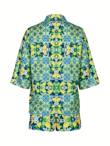 Summer beach set with Mediterranean blue tile print and bright yellow lemon patterns