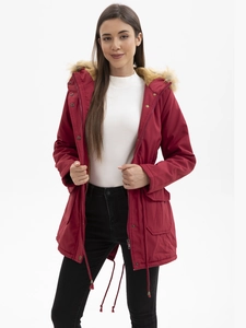 Parka femme bordeaux à capuche avec bordure en fourrure et taille ajustable