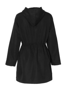 Women's black hooded trench coat with adjustable drawstring waist and casual long sleeves