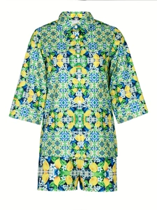 Women's two-piece summer set with Mediterranean lemon tile print shirt and shorts