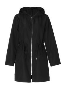 Women's black casual hooded windbreaker with drawstring waist and silver metal zipper