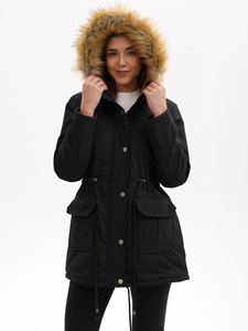 Parka d'hiver noire pour femme avec capuche en fourrure et taille à cordon de serrage
