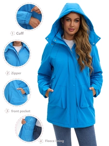 Women's royal blue windproof jacket with warm fleece lining and detachable hood for hiking