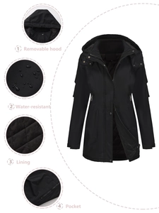 Women's black waterproof hooded parka featuring a detachable hood and quilted lining