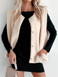 Gilet Décontracté en Fausse Fourrure Sherpa pour Femmes Coupe Ample Sans Manches Chaud Avec Poches Boutons Métalliques Automne Hiver