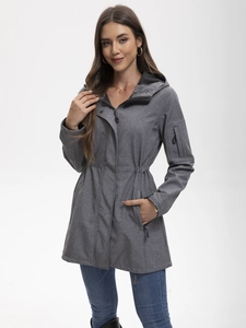 Women hooded multi-pocket softshell jacket in heather grey with drawstring waist