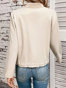 Women's beige stand collar jacket with drawstring waist and elastic hem for casual wear