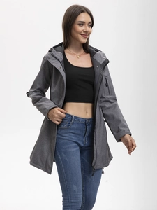 Women's dark gray hooded softshell jacket with multi-pockets and fleece lining for winter