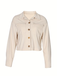 Vintage beige Cord-Kurzjacke für Damen mit klassischen Knöpfen und funktionalen Taschen