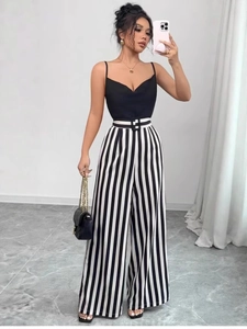 Women's Sexy V Neck Spaghetti Strap Jumpsuit Backless Bow Striped Wide Leg High Waist Jumpsuit With Belt Black White