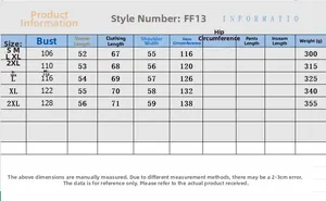 Detailed size chart for women's autumn winter jacket showing bust sleeve and length data
