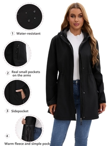 Women's black hooded outdoor jacket with waterproof shell and warm fleece lining