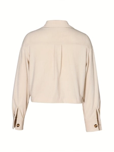 Beigefarbene Cordjacke für Damen mit Falten am Rücken und Marmorknöpfen