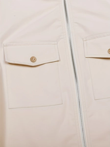 Beige drawstring jacket with central metal zipper and symmetrical utility pockets
