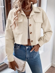 Damen Retro Cord Jacke Gekürzt Lässig Streetwear Langarm Einreihig Außenbekleidung Mantel Mit Taschen Aprikose