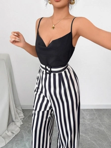 Women's V-neck camisole and high-waisted vertical stripe wide-leg pants set with belt