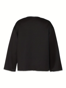 Women's black stylish jacket with white wavy embroidered edges and contrast button design