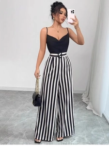 Women's 2-piece outfit featuring V-neck camisole and high-waist striped wide leg pants