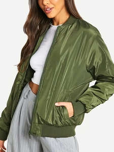 Blouson Bomber en Satin pour Femme Fermeture Éclair Finitions Bords-Côtes Vert Militaire Coupe-Vent Manteau Automne Hiver