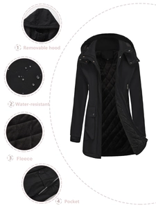 Women's black water-resistant hooded jacket with warm fleece lining and removable hood