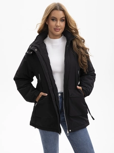 Women's black hooded parka jacket with fleece lining and waterproof finish for winter