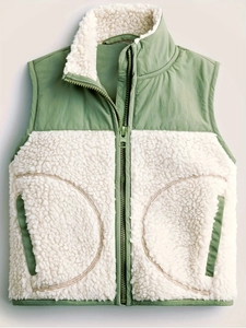 Gilet en Polaire Sherpa Patchwork Décontracté pour Femmes Col Montant Veste Sans Manches Colorblock Fermeture Éclair Top