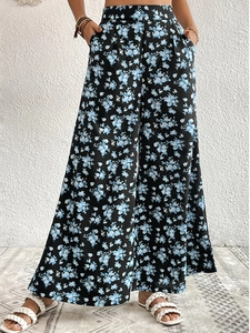 Pantalon Femme Taille Haute Jambe Large Imprimé Floral Décontracté Ample Droit Été Polyester Léger Bas de Vacances
