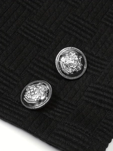 Women's black knit round neck blazer featuring premium silver crest buttons and textured fabric