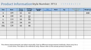 Detailed size guide for corduroy jacket showing bust, sleeve, and length from S to 2XL