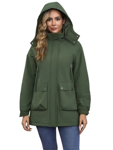 Women's waterproof olive green hooded parka jacket with fleece lining for autumn and winter