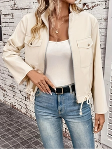 Women Casual Stand Collar PU Leather Jacket Zip Up Drawstring Hem Outerwear Long Sleeve Flap Pockets Streetwear Fashion Coat